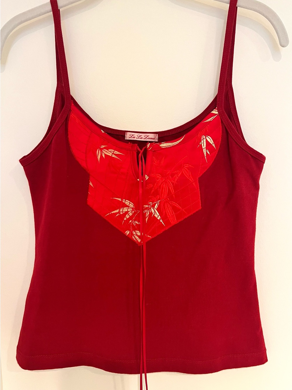 Lu Lu Lame’ Deep Red Camisole with Bright Red & Gold Bamboo Accent